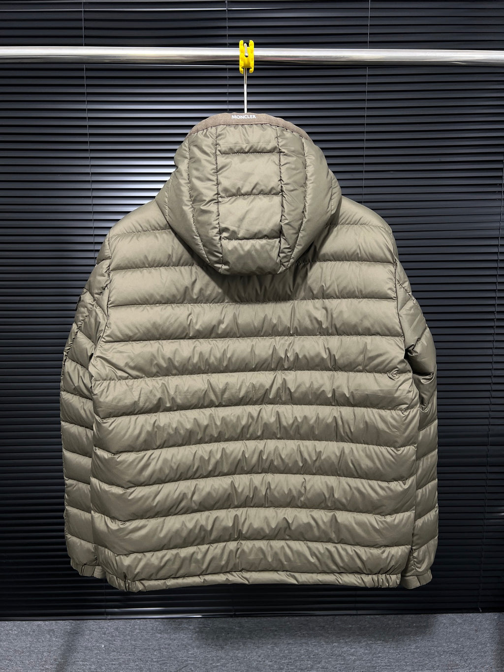 Long Moncler hooded puffer jacket, light beige, full-zip with quilted baffles