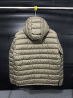 Long Moncler hooded puffer jacket, light beige, full-zip with quilted baffles