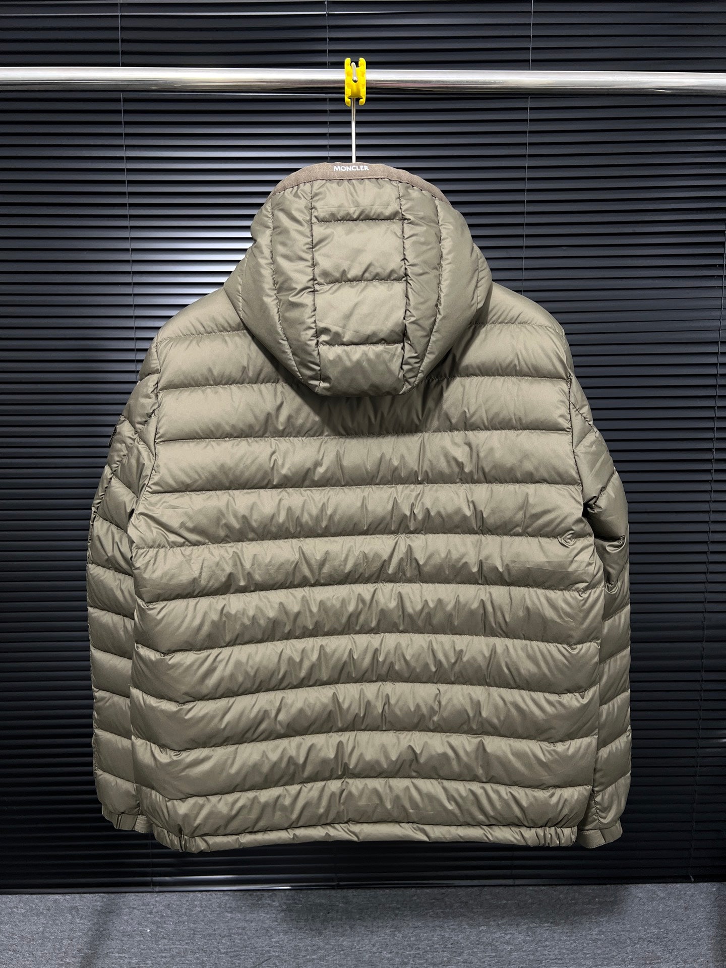 Long Moncler hooded puffer jacket, light beige, full-zip with quilted baffles