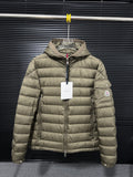 Olive hooded puffer jacket with full front zipper and side logo patch