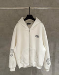 White zip-up hoodie with hood, front zipper pocket, and small chest logo