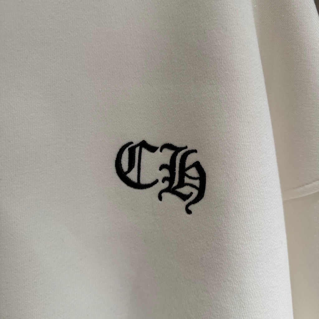 White hoodie with black embroidered C-style logo