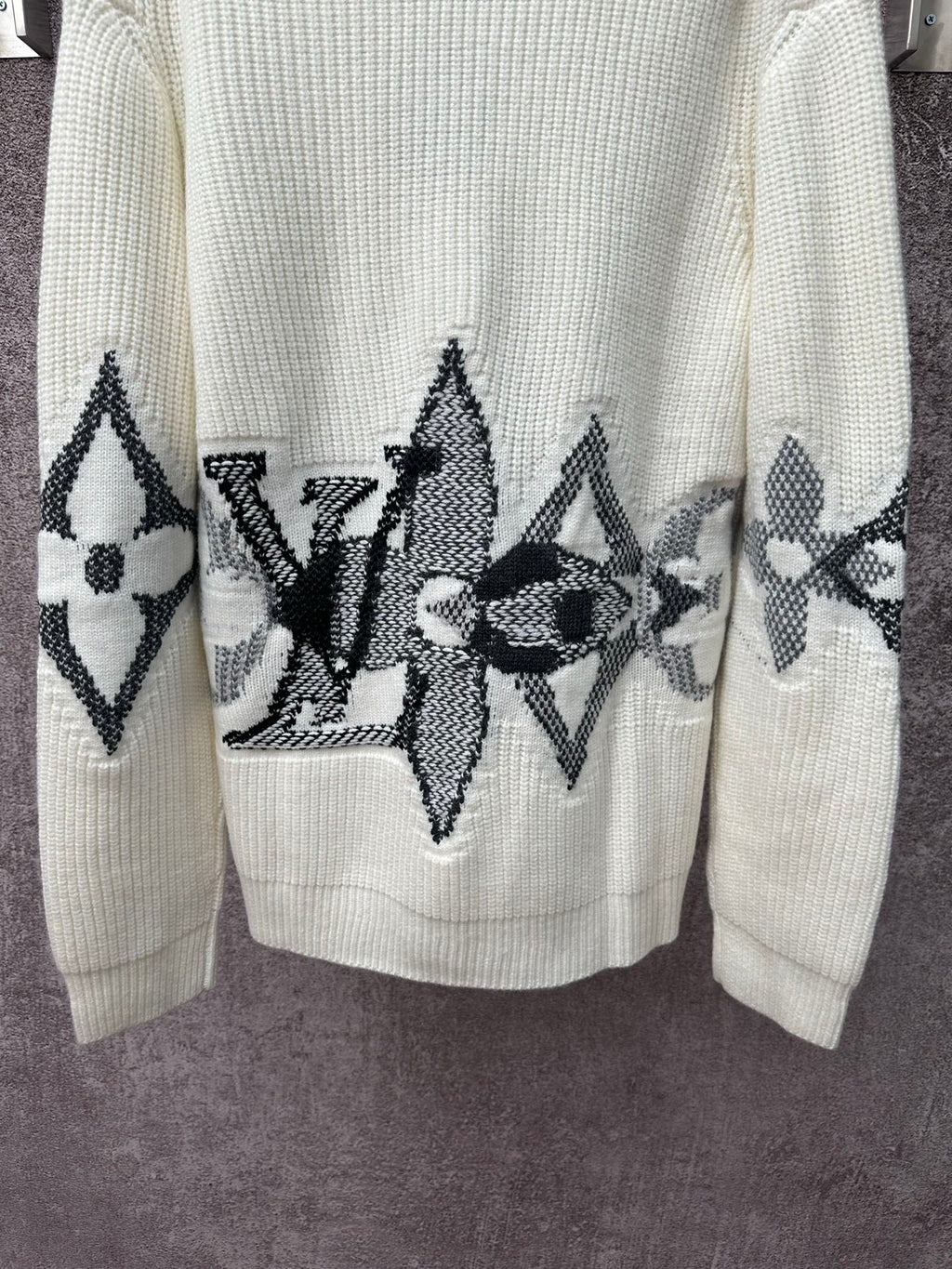 Louis Vuitton knit long-sleeve sweater, cream with dark geometric pattern on front