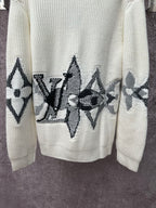 Louis Vuitton knit long-sleeve sweater, cream with dark geometric pattern on front