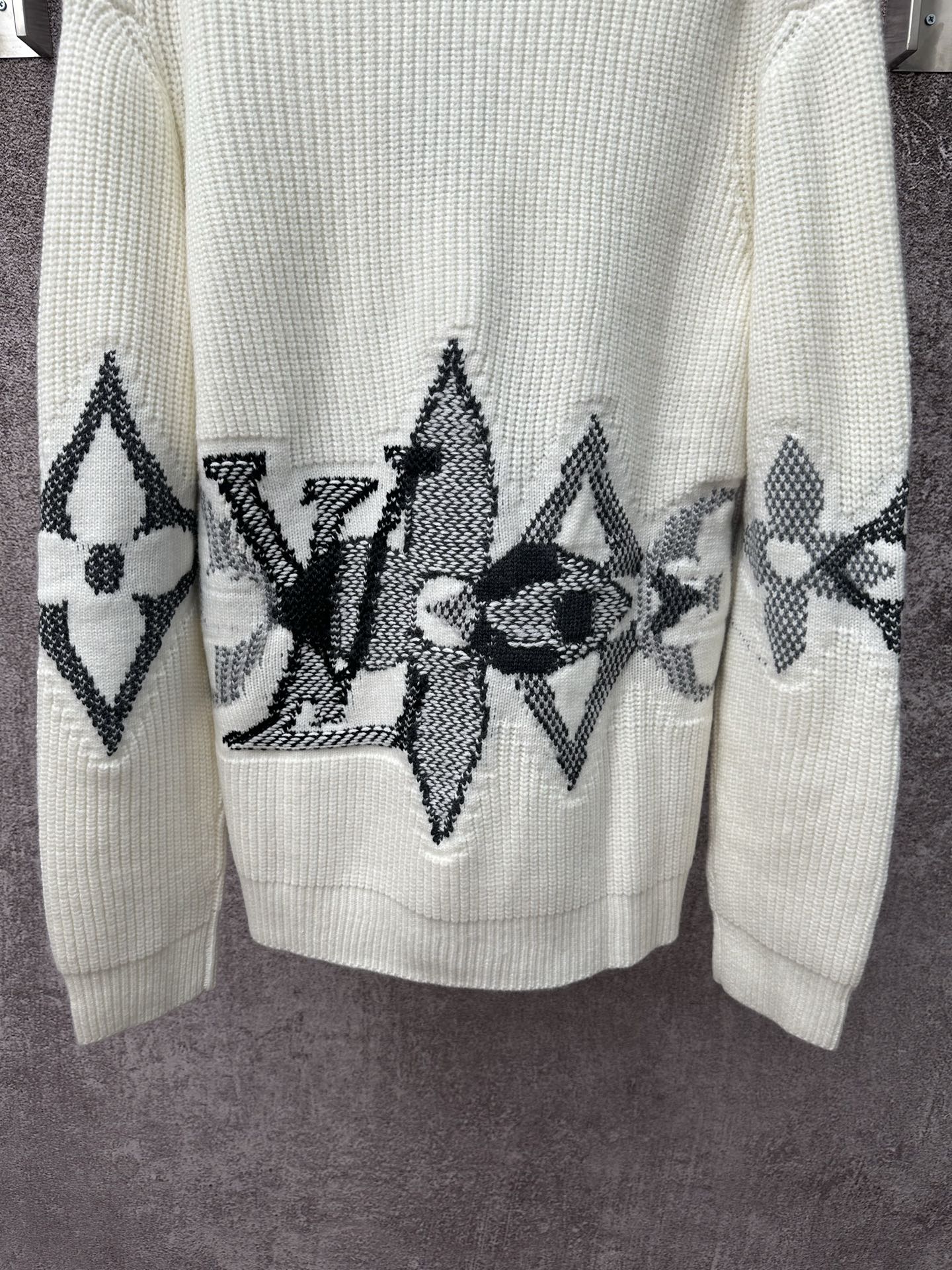 Louis Vuitton knit long-sleeve sweater, cream with dark geometric pattern on front