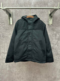 Dark hooded jacket with front button placket and two chest pockets