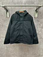 Dark hooded jacket with front button placket and two chest pockets