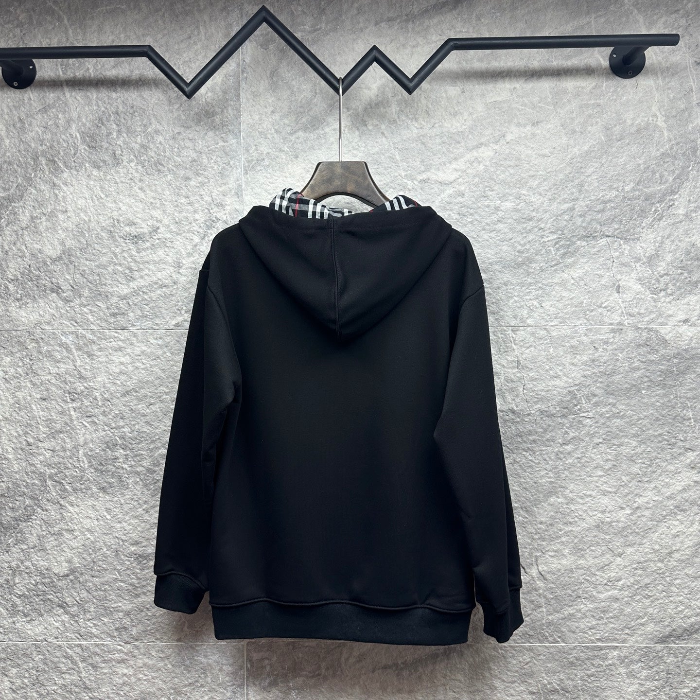 Burberry zip-up hoodie, black, back view with hood and drawstring cords