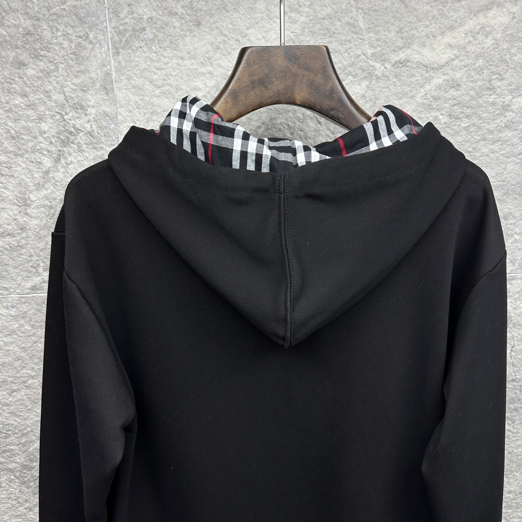 Burberry zip-up hoodie, black, back view with hood and plaid-lined trim
