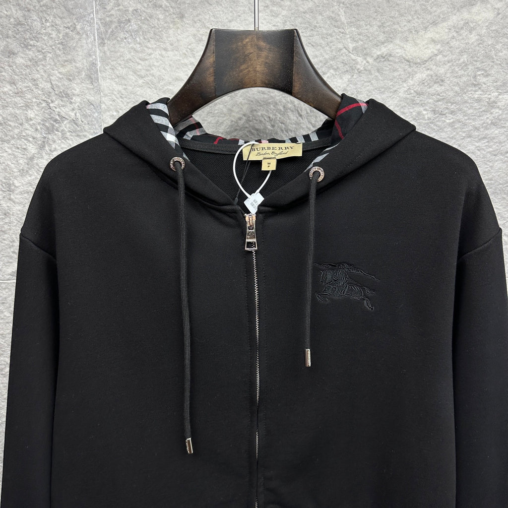 Burberry zip-up hoodie, black, hood with plaid lining, front zipper and drawstrings