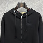 Burberry zip-up hoodie, black, hood with plaid lining, front zipper and drawstrings