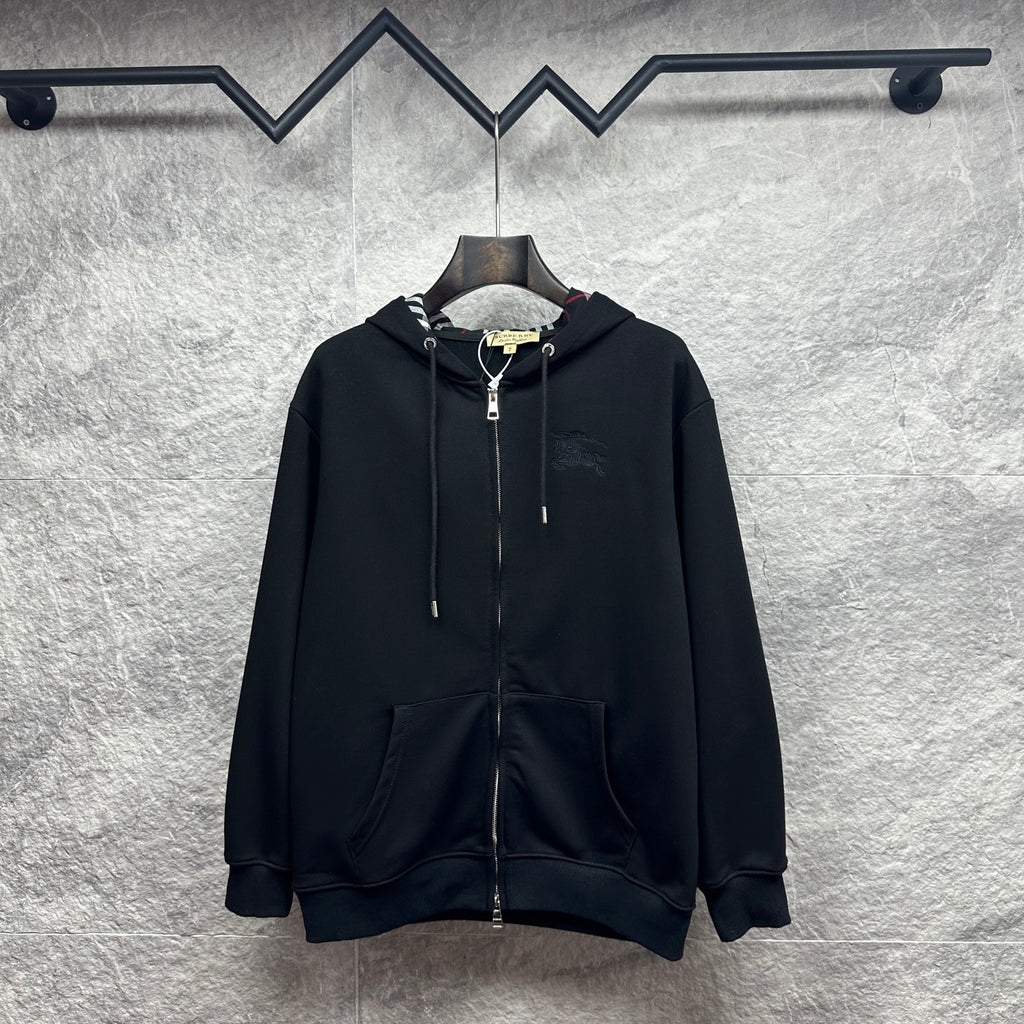 Burberry zip-up hoodie, black, with hood and drawstring cords and front zipper