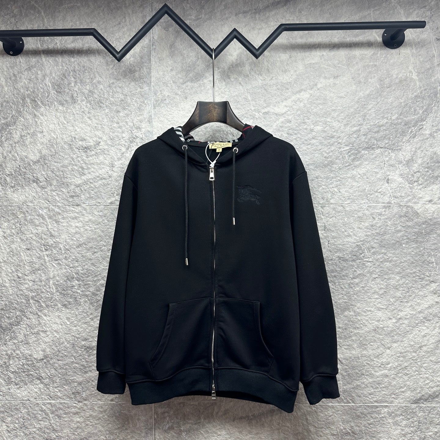 Burberry zip-up hoodie, black, with hood and drawstring cords and front zipper