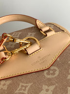 Louis Vuitton mini bag strap detail with gold-tone clasp and leather edge trim.