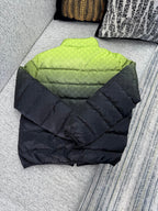 Long padded puffer jacket, lime green and black quilted design with zipper