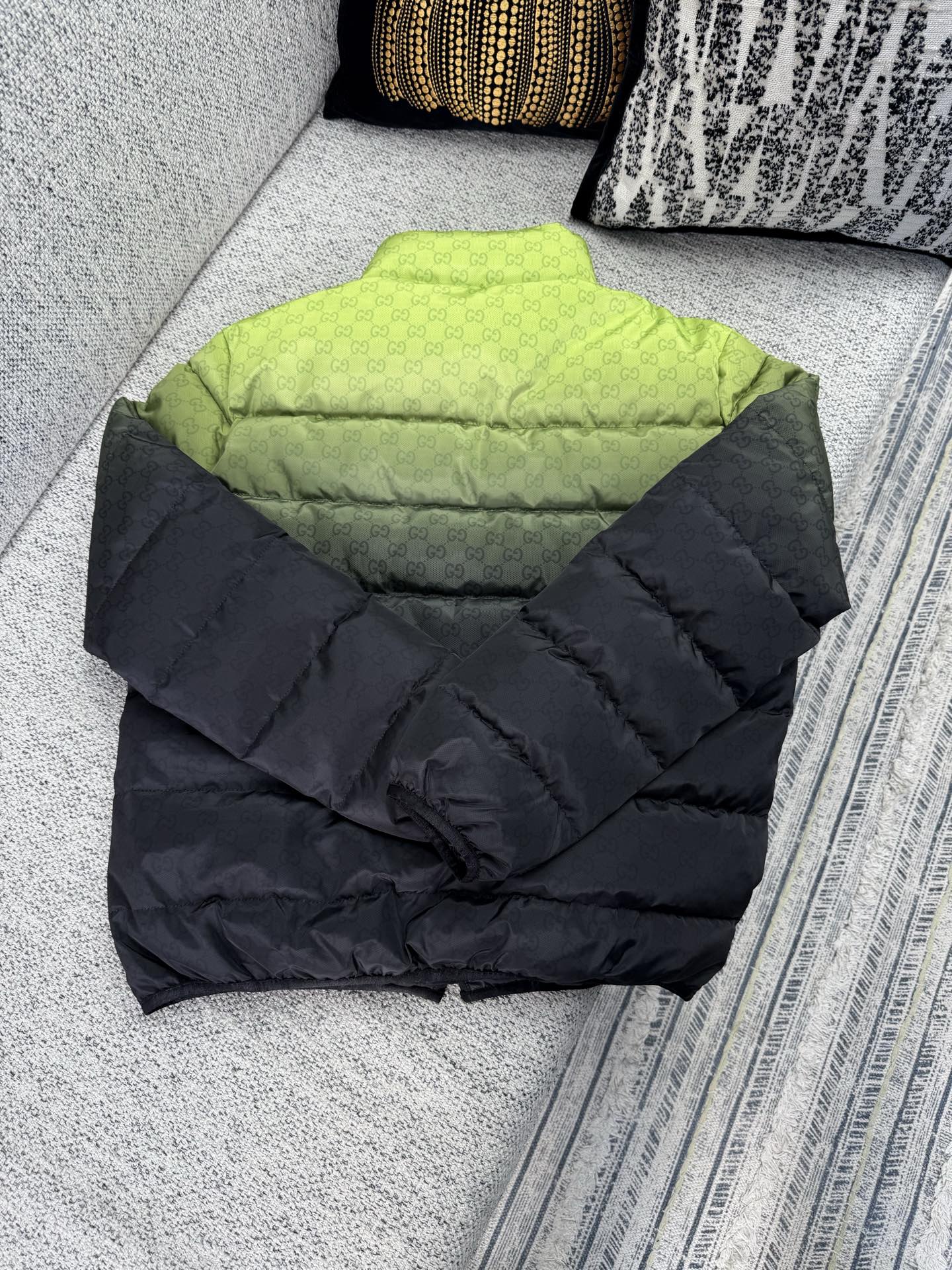Long padded puffer jacket, lime green and black quilted design with zipper
