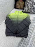 Long padded puffer jacket, black with quilted panels and front zipper