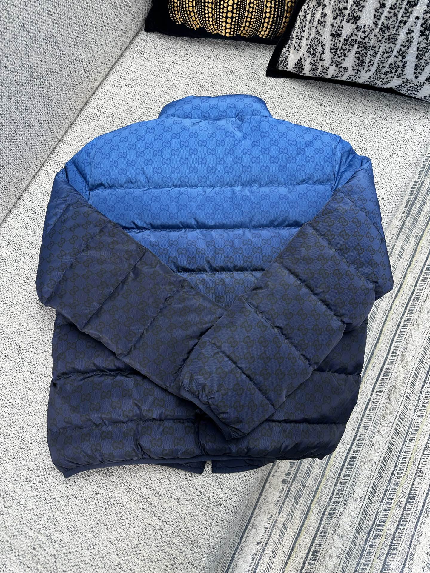 Gucci blue GG-pattern quilted puffer jacket, stand collar, full-zip back