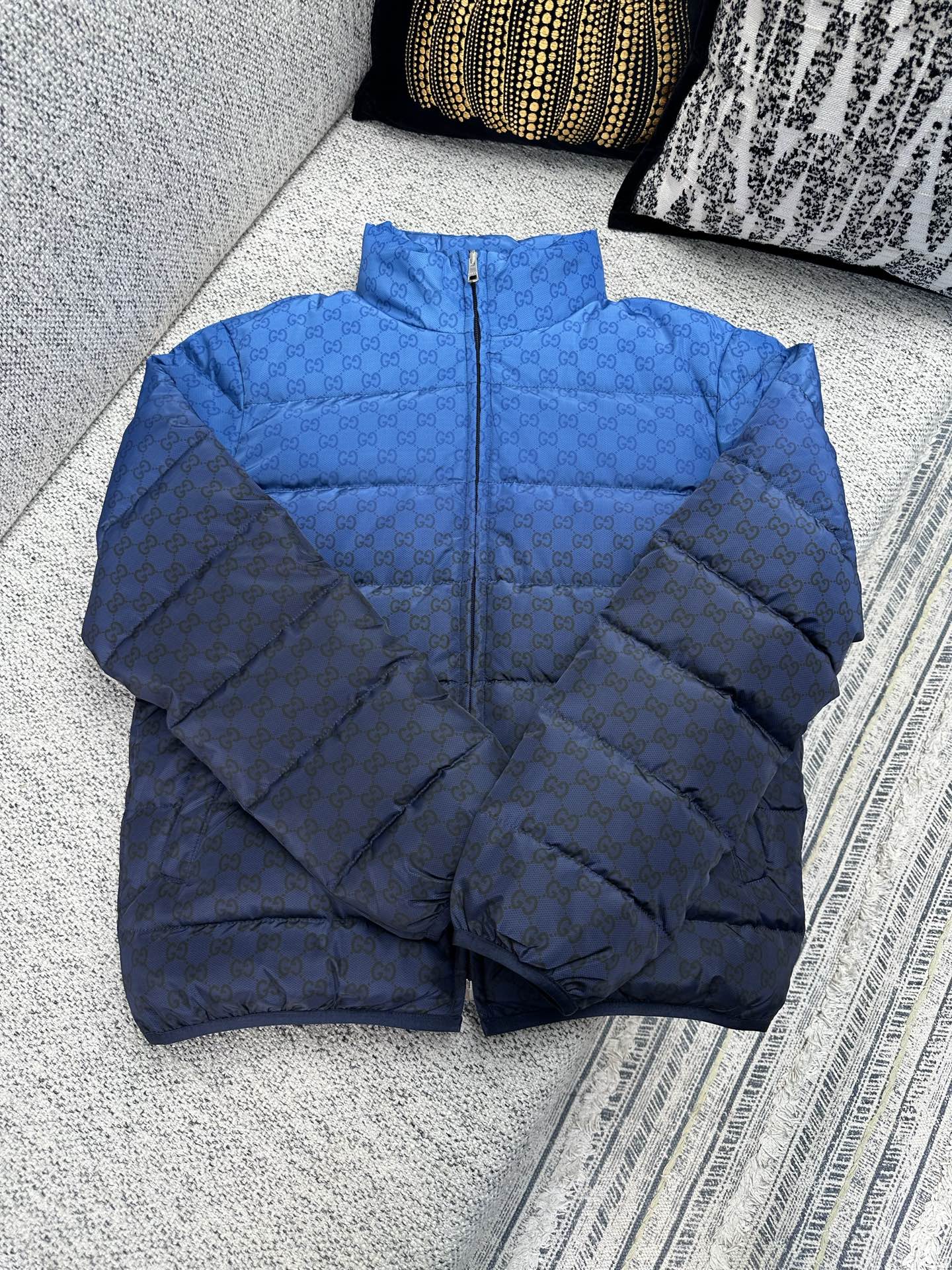 Gucci blue GG-pattern quilted puffer jacket, full-zip front