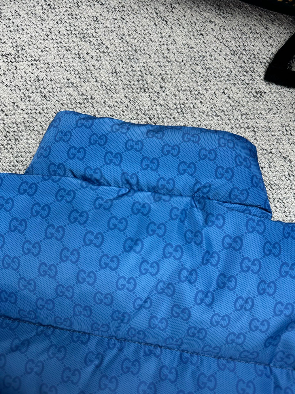 Gucci blue GG-pattern puffer jacket, hood area with stitched quilting