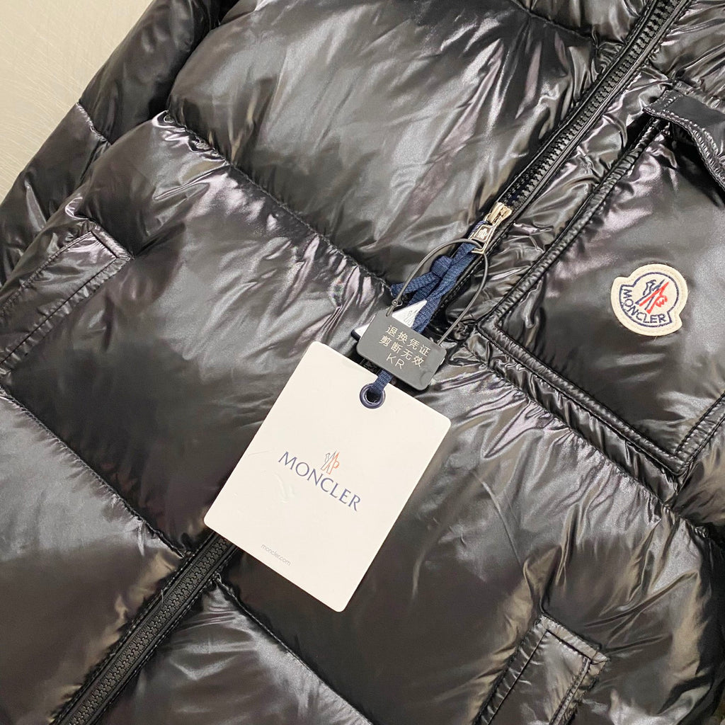 Moncler long quilted puffer jacket, dark gray, zip front, logo patch
