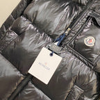 Moncler long quilted puffer jacket, dark gray, zip front, logo patch