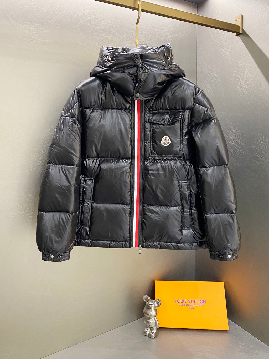 Moncler long padded jacket, dark with red trim zipper and hood