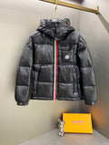 Moncler long padded jacket, dark with red trim zipper and hood