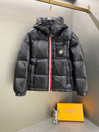 Moncler long padded jacket, dark with red trim zipper and hood