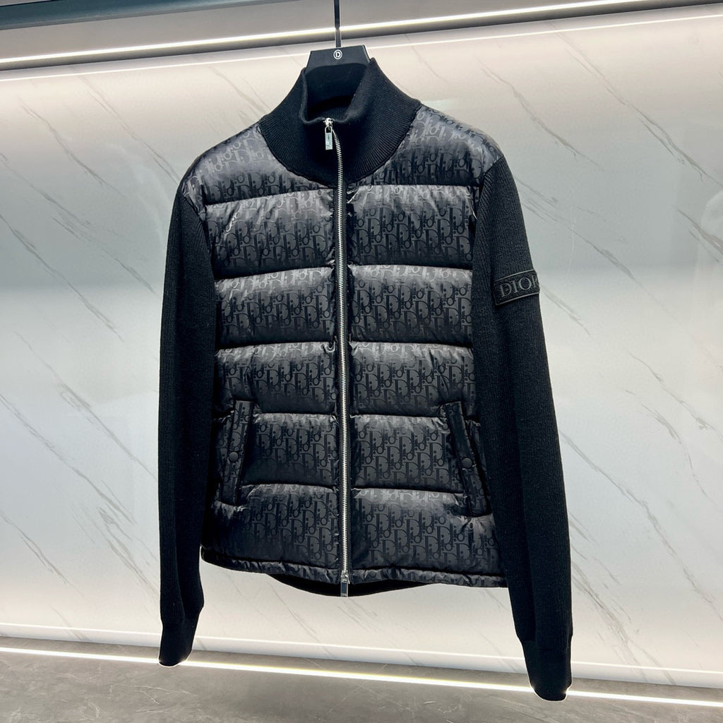 Long quilted jacket with front zip and dark knit collar, Dior monogram print pattern