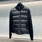 Long quilted jacket with front zip and dark knit collar, Dior monogram print pattern