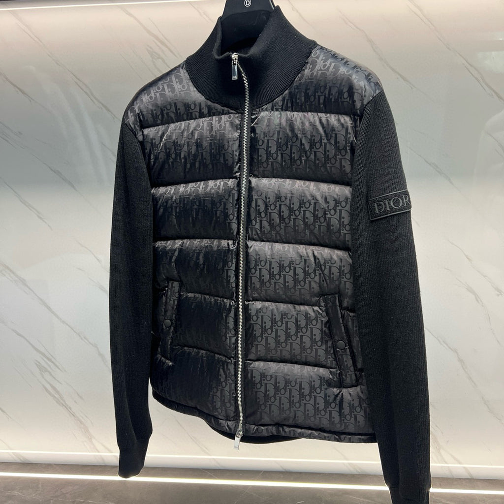Long quilted jacket with standing dark knit collar and front zip, Dior monogram panels