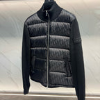 Long quilted jacket with standing dark knit collar and front zip, Dior monogram panels