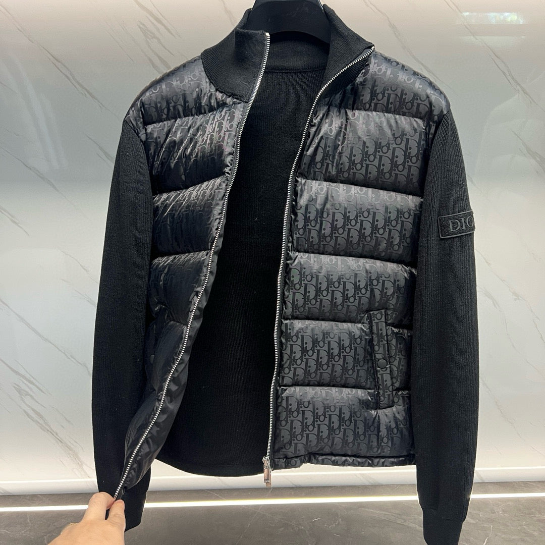 Long quilted jacket with dark knit collar, front zip, Dior monogram print side panel