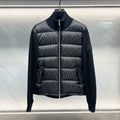 Long quilted jacket with front zip, dark knit collar, Dior monogram print panels