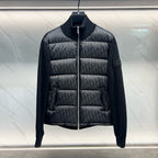 Long quilted jacket with front zip, dark knit collar, Dior monogram print panels