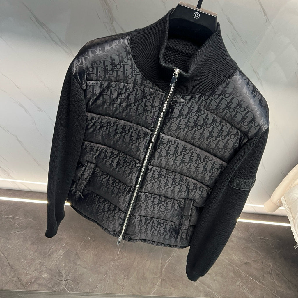 Long quilted jacket on hanger, dark knit collar, front zip, Dior monogram print panels