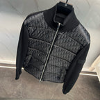 Long quilted jacket on hanger, dark knit collar, front zip, Dior monogram print panels