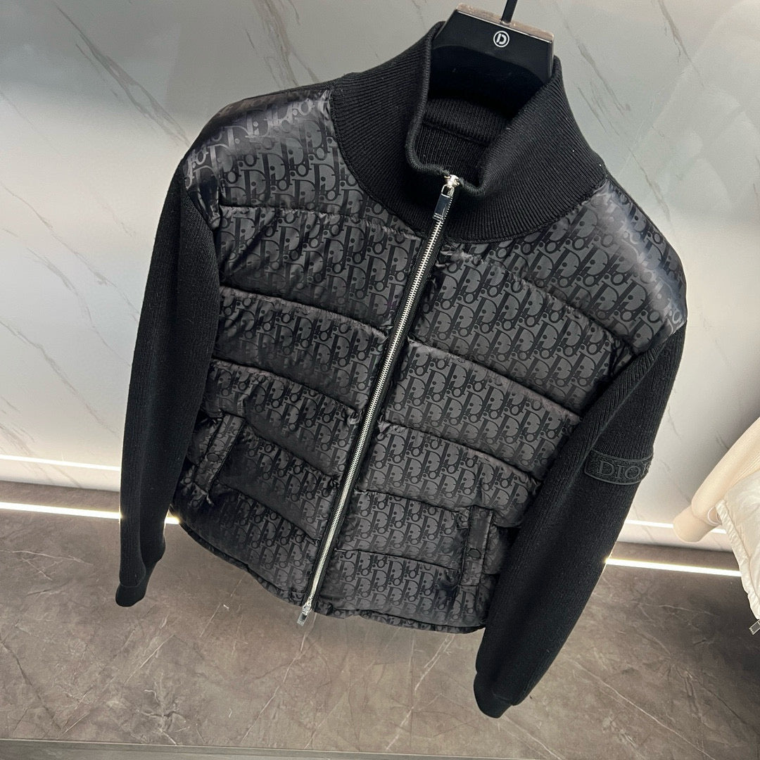 Long quilted jacket on hanger, dark knit collar, front zip, Dior monogram print panels
