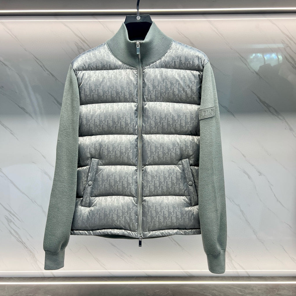 Dior light gray padded jacket with logo pattern, front zipper and stand collar