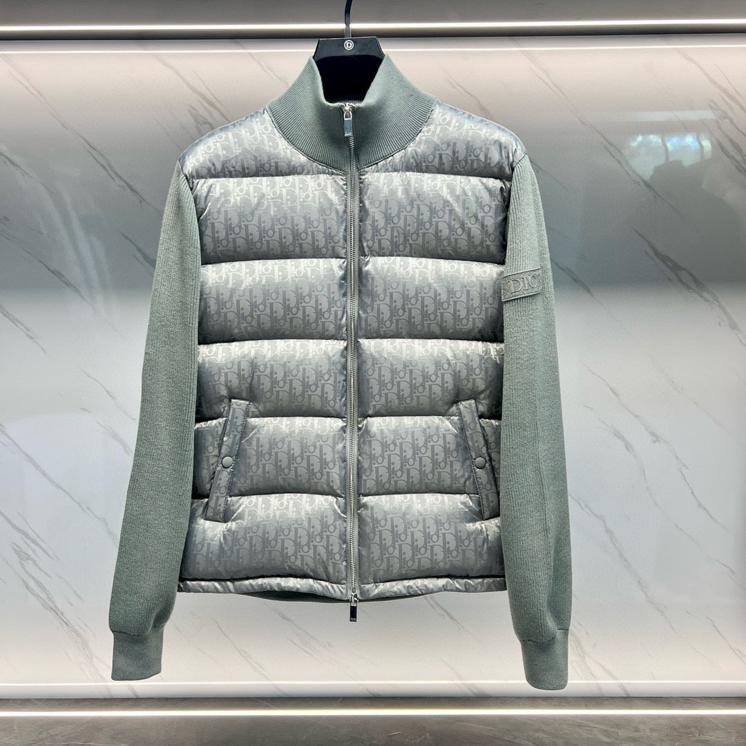 Dior light gray padded jacket with logo pattern, front zipper and stand collar