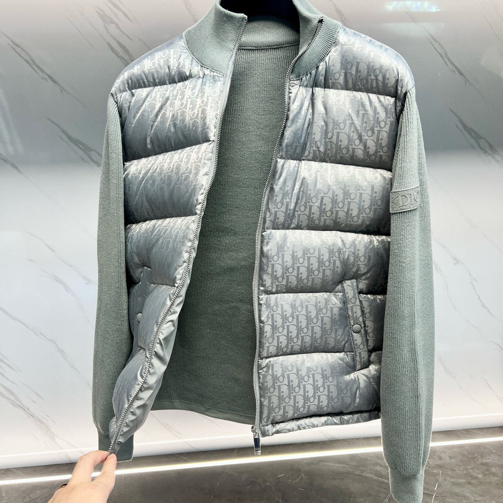 Dior light gray logo puffer jacket with zip front and standing collar