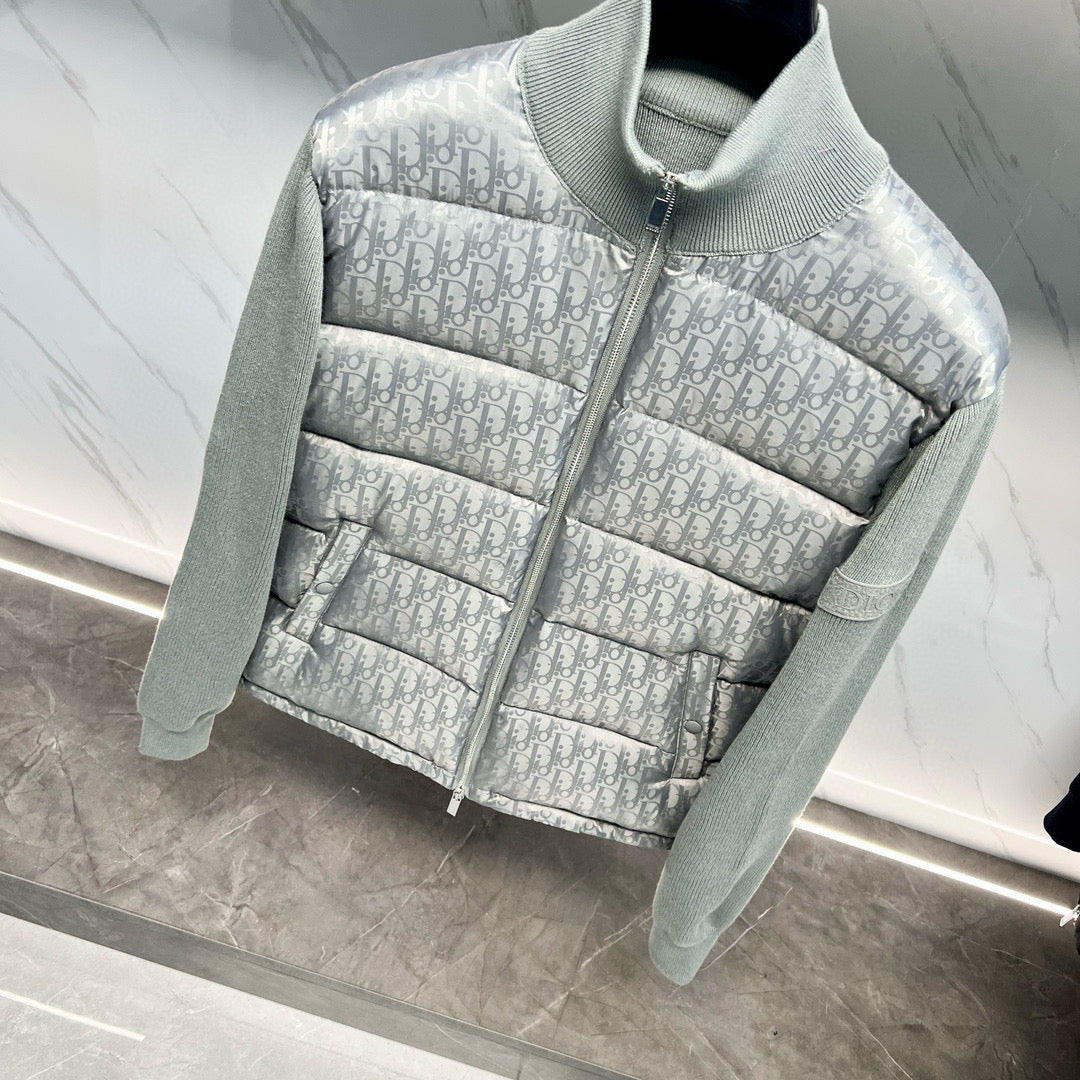 Dior light gray logo puffer jacket with ribbed collar and zip closure