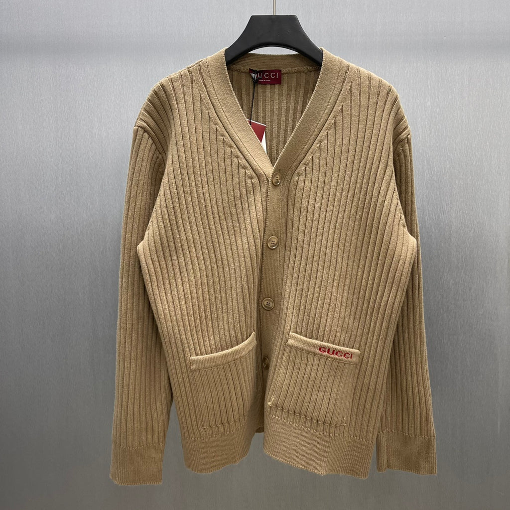 Beige ribbed knit cardigan sweater with button front and V-neck
