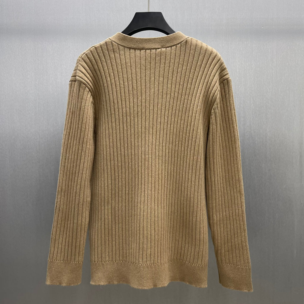 Beige ribbed knit cardigan sweater back view