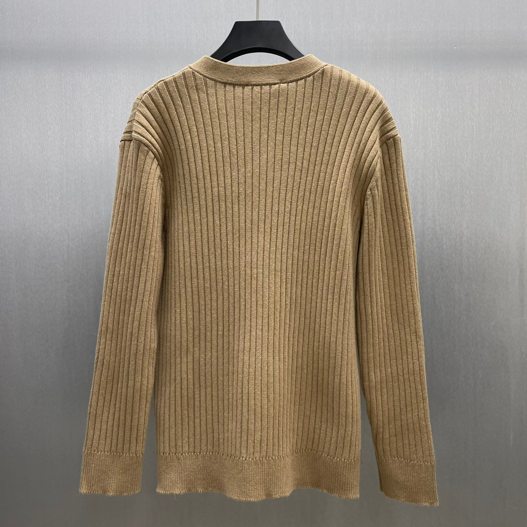 Beige ribbed knit cardigan sweater back view