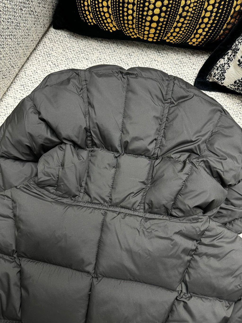 Moncler long puffer coat quilted yoke with hood seam