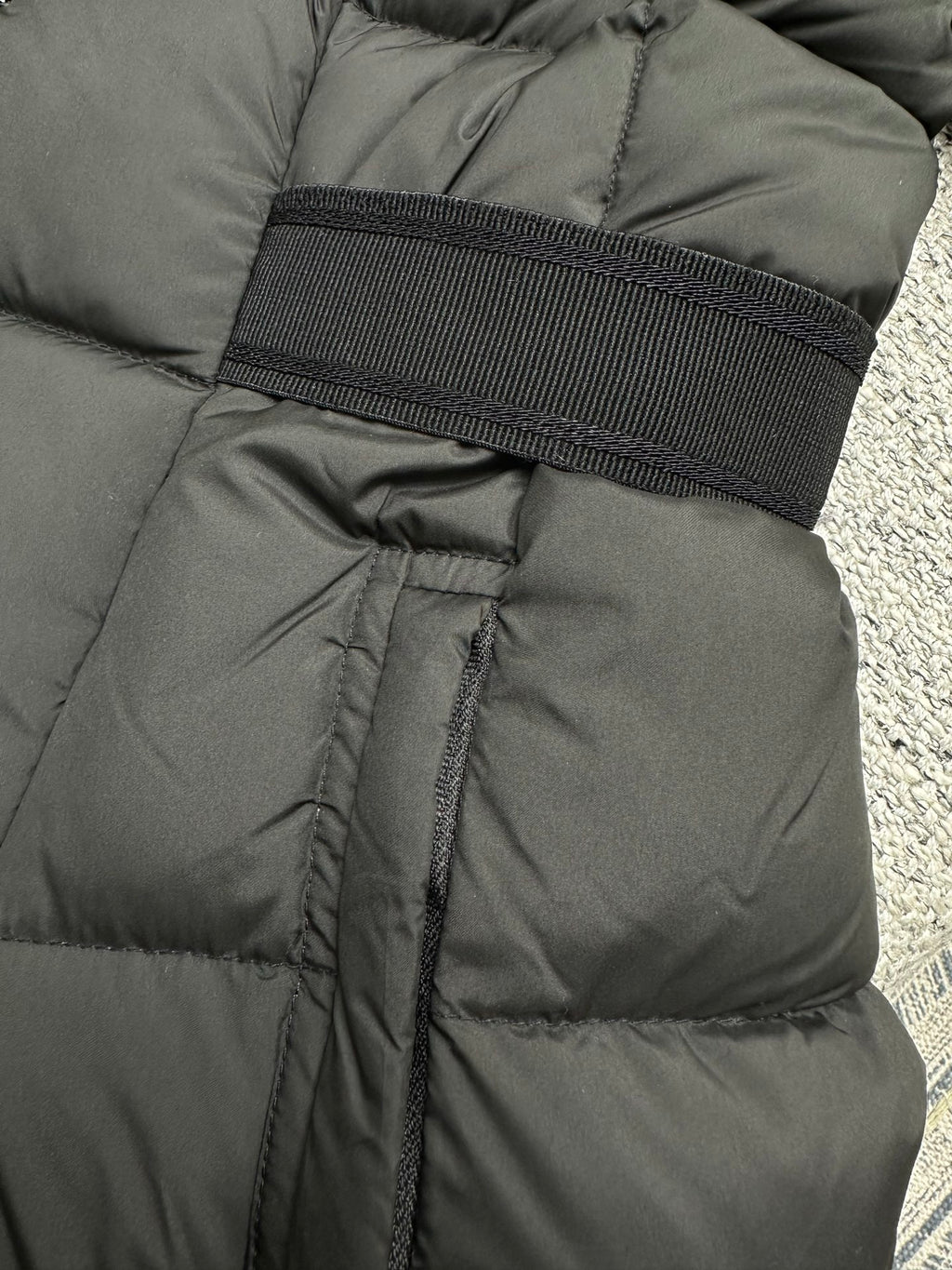 Moncler long puffer coat elastic waistband with drawstring ties