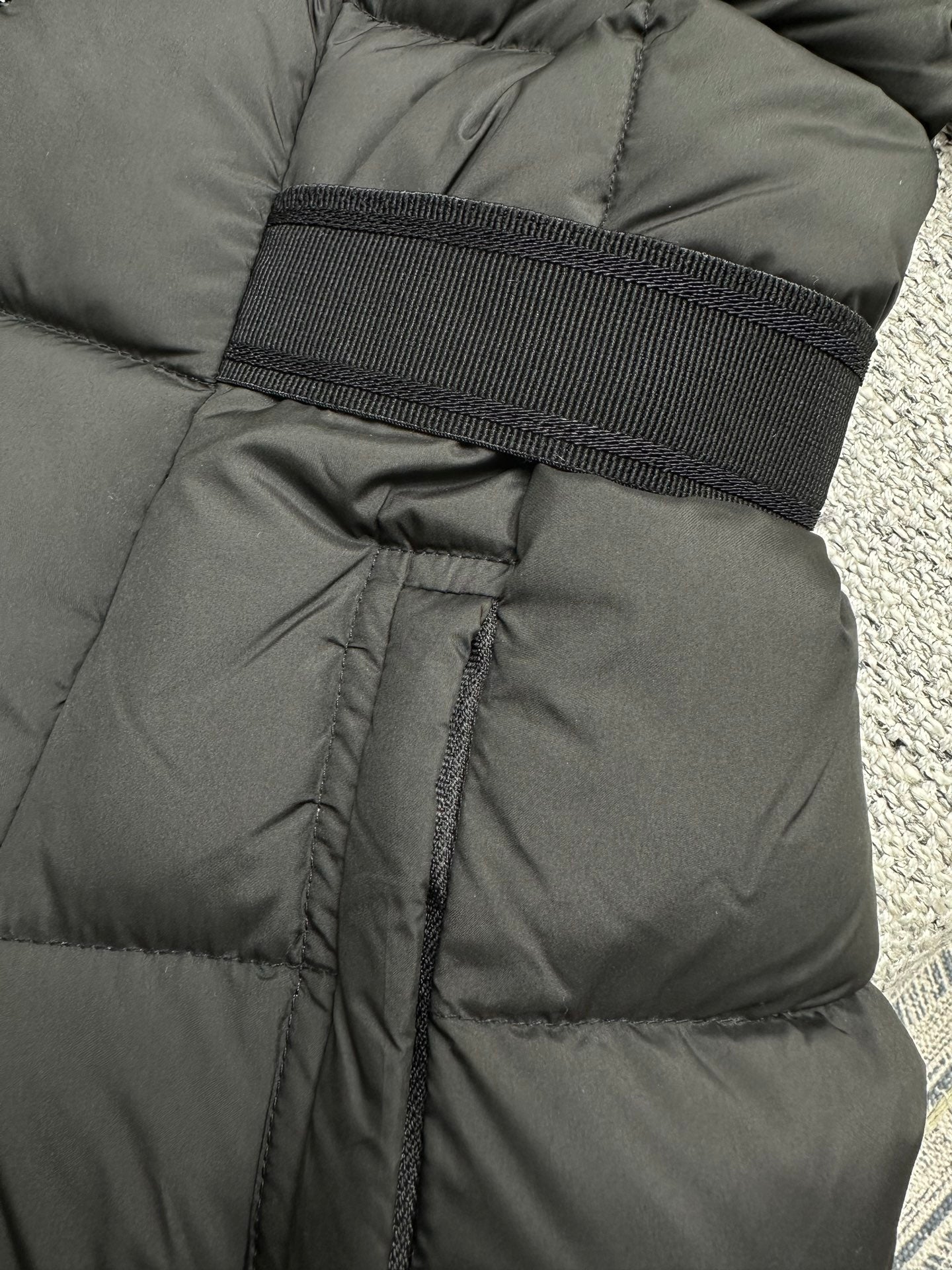 Moncler long puffer coat elastic waistband with drawstring ties