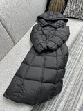 Moncler long puffer coat with hood, front zipper and quilted panels